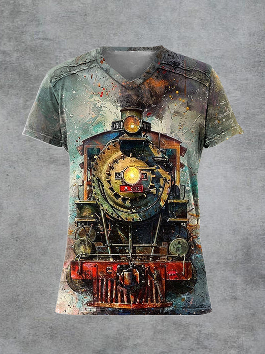 Men's Retro Train Printed V-neck Short-Sleeved T-shirt