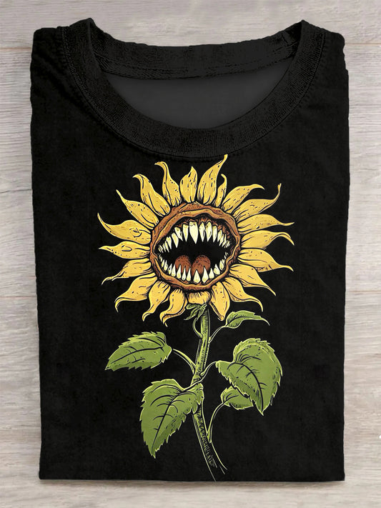 Sunflower Printed Vintage Fashion Loose Short Sleeve T-Shirt