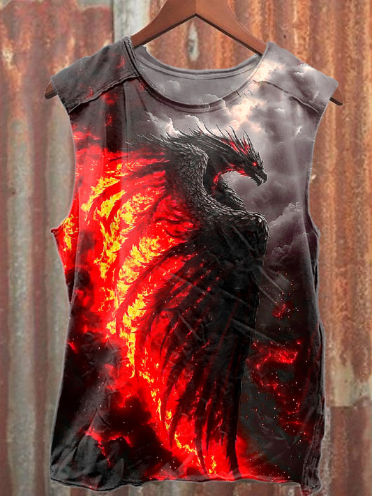 Vintage Flame Dragon Print Casual Cotton Tank Top