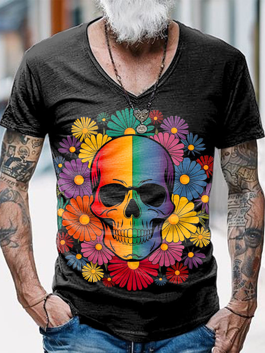 Colorful Skull Printed Vintage Fashion Loose V-Neck Short Sleeve T-Shirt