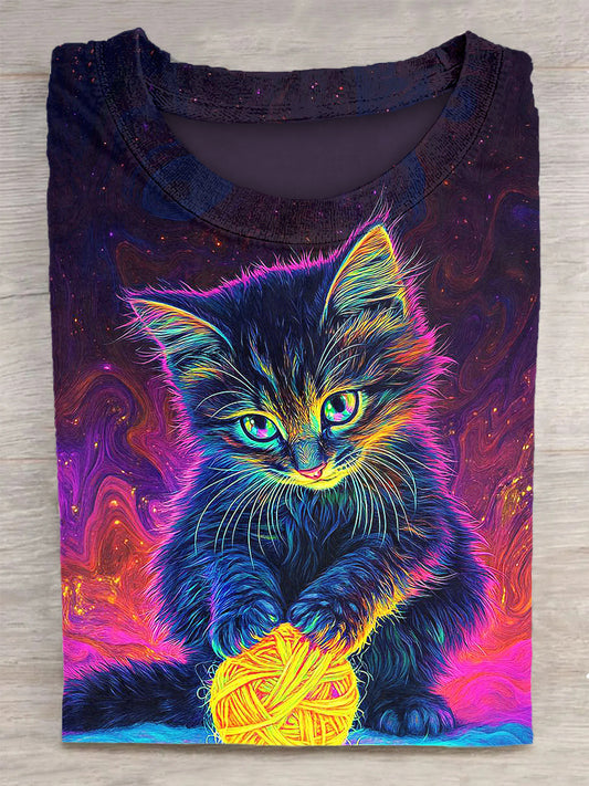Unisex Cat Printed Vintage Fashion Loose Short Sleeve T-Shirt