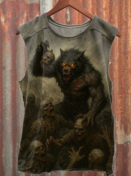 Vintage Zombie Wolf Print Casual Cotton Tank Top