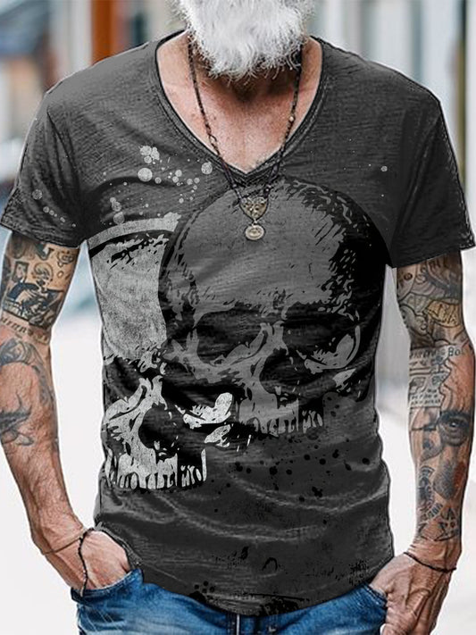 Skull Printed Vintage Fashion Loose V-Neck Short Sleeve T-Shirt