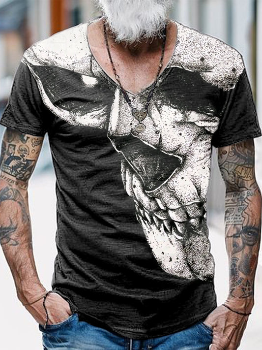 Skull Printed Vintage Fashion Loose V-Neck Short Sleeve T-Shirt