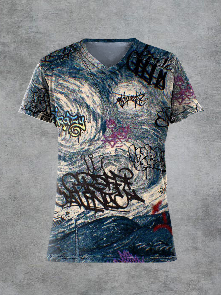 Men's Retro Graffiti Printed V-neck Short-Sleeved T-shirt