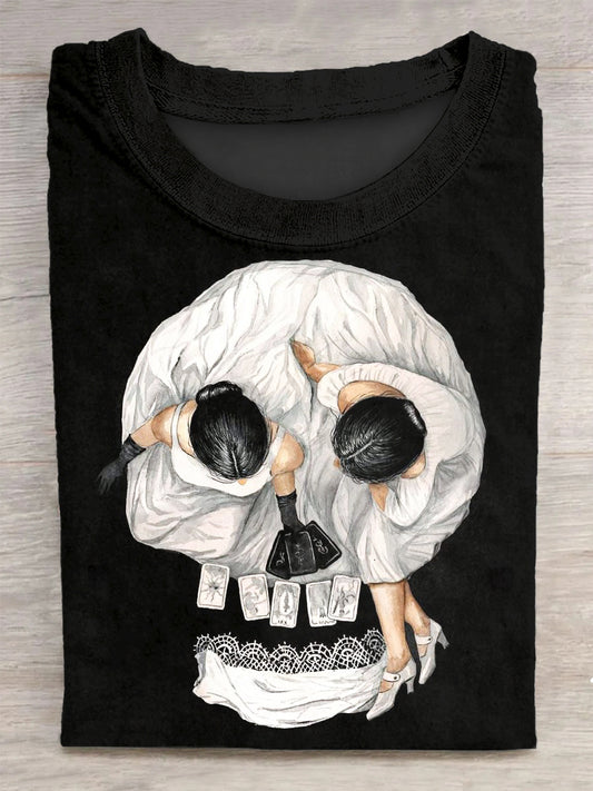 Unisex Visual Illusion Skull Printed Vintage Fashion Loose Short Sleeve T-Shirt