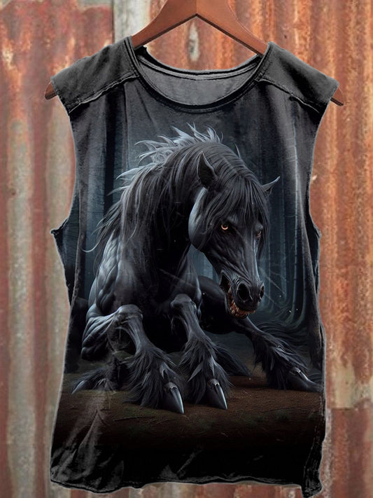 Retro Black Horse Printed Casual Cotton Tank Top