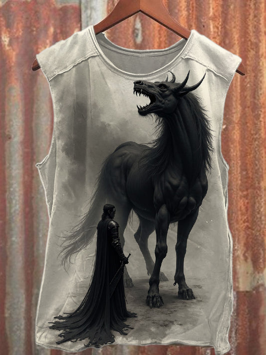 Retro Black Horse Printed Casual Cotton Tank Top