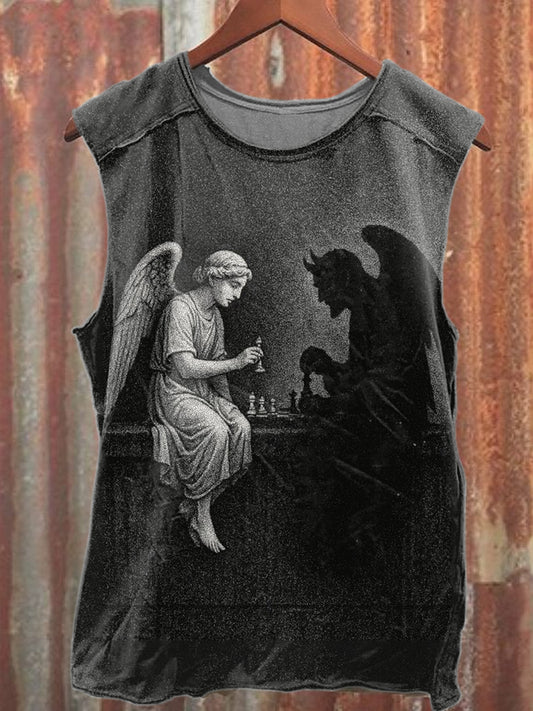Retro Black And White Angel Print Casual Cotton Tank Top