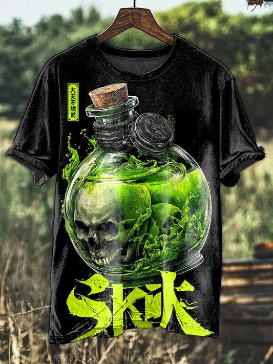 Retro Potion Skull Print Casual Cotton T-Shirt