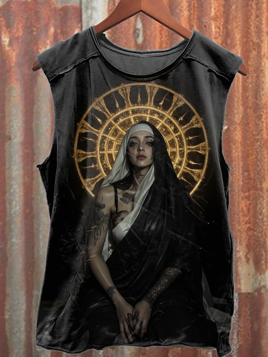 Vintage Nun Graffiti Illustration Printed Casual Cotton Tank Top