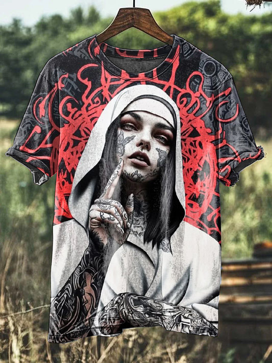 Vintage Nun Print Casual Cotton T-Shirt