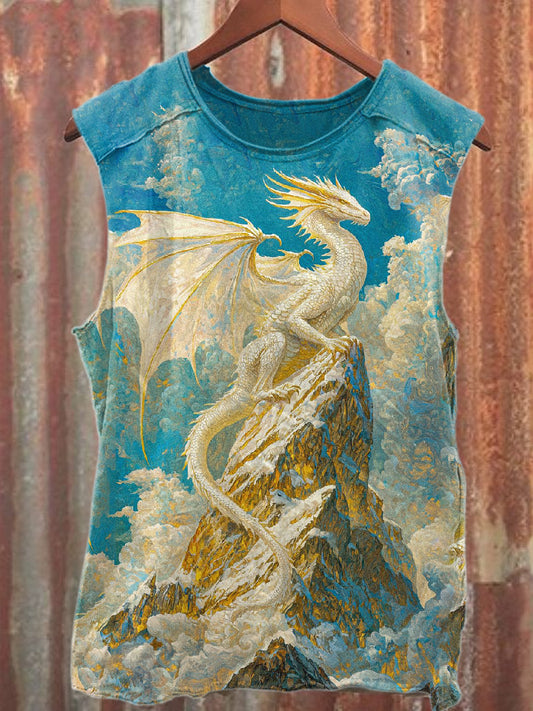 Vintage Dragon Print Casual Cotton Tank Top