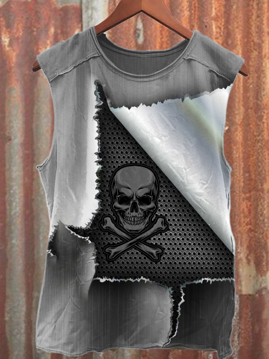 Vintage Distressed Iron Skull Print Casual Cotton Tank Top