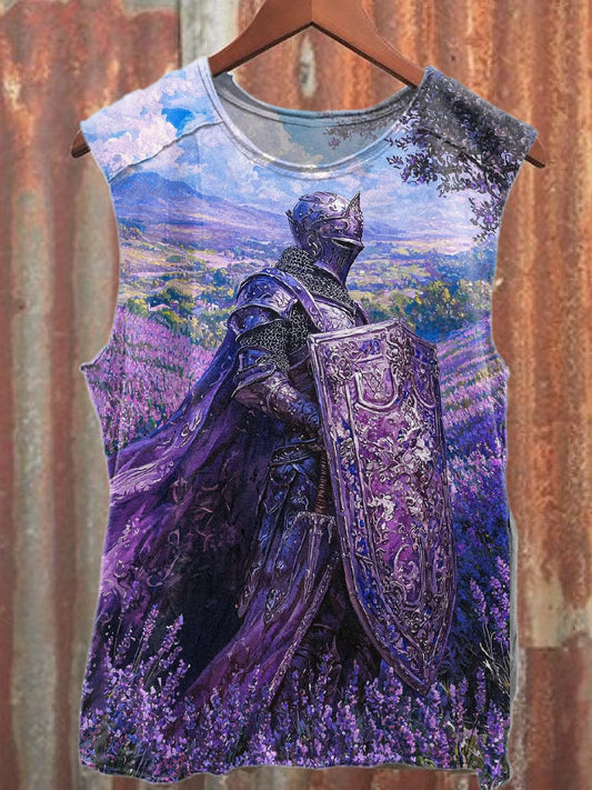 Vintage Purple Knight Print Casual Cotton Tank Top