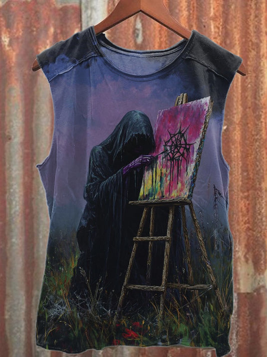 Vintage Skull Painter Print Cotton Tank Top