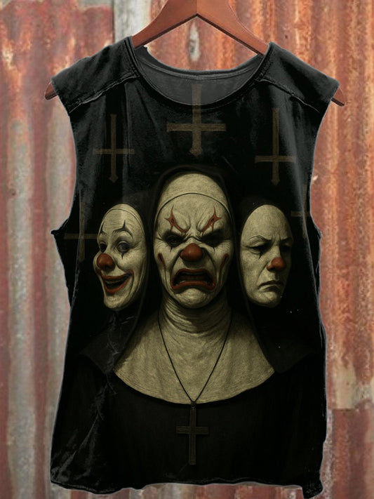 Vintage Nun Clown Print Cotton Tank Top