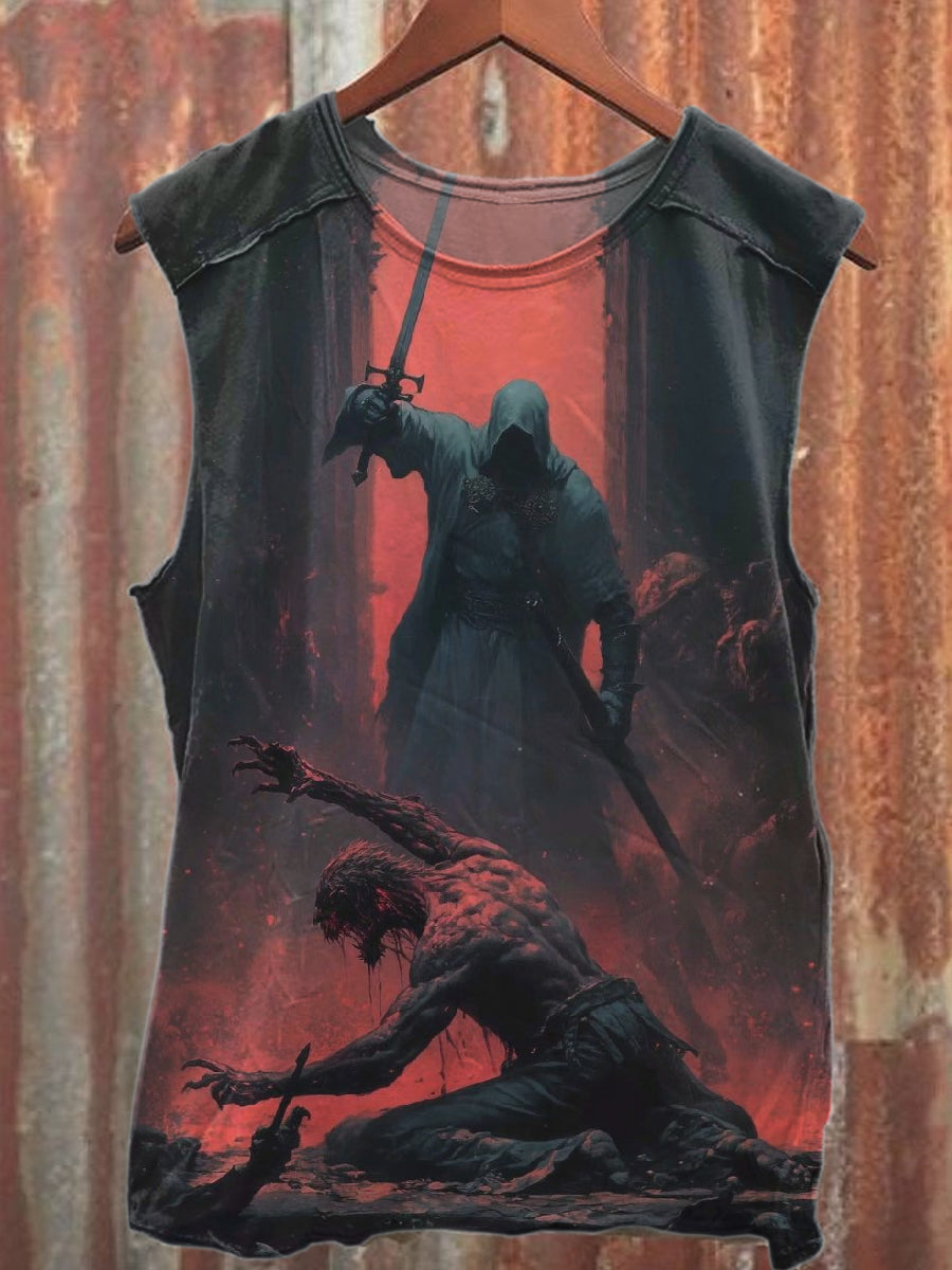 Retro Combat Graffiti Illustration Printed Cotton Tank Top