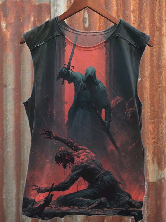 Retro Combat Graffiti Illustration Printed Cotton Tank Top