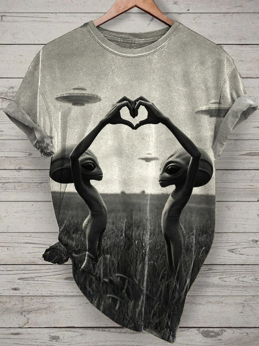 Unisex Funny Alien Printed Vintage Fashion Loose Short Sleeve T-Shirt