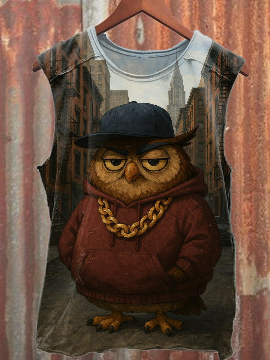 Retro Hip Hop Owl Print Casual Cotton Tank Top