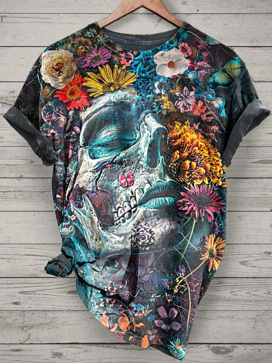 Unisex Skull Flower Printed Vintage Fashion Loose Short Sleeve T-Shirt