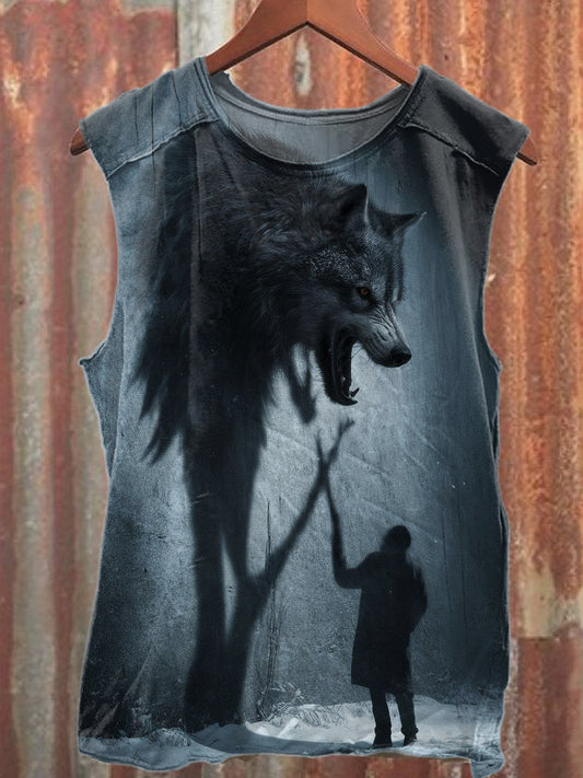 Vintage Wolf Story Print Casual Cotton Tank Top