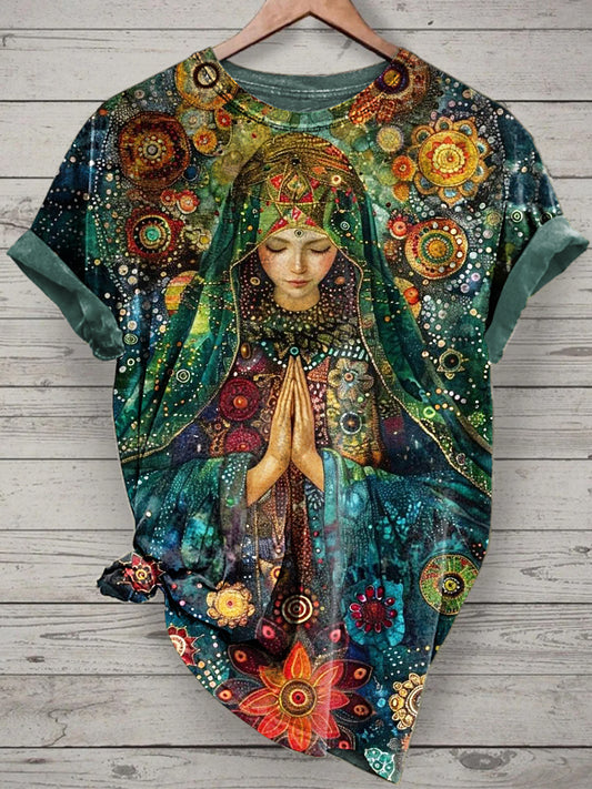 Unisex Colorful Nun Printed Vintage Fashion Loose Short Sleeve T-Shirt