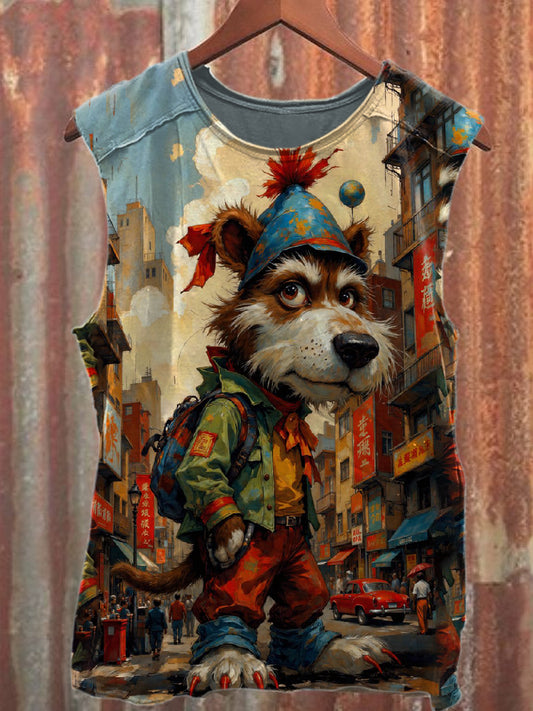 Vintage Graffiti Dog Print Casual Cotton Tank Top