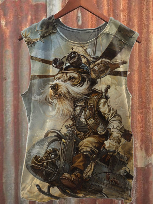 Aviator Puppy Print Casual Cotton Tank Top
