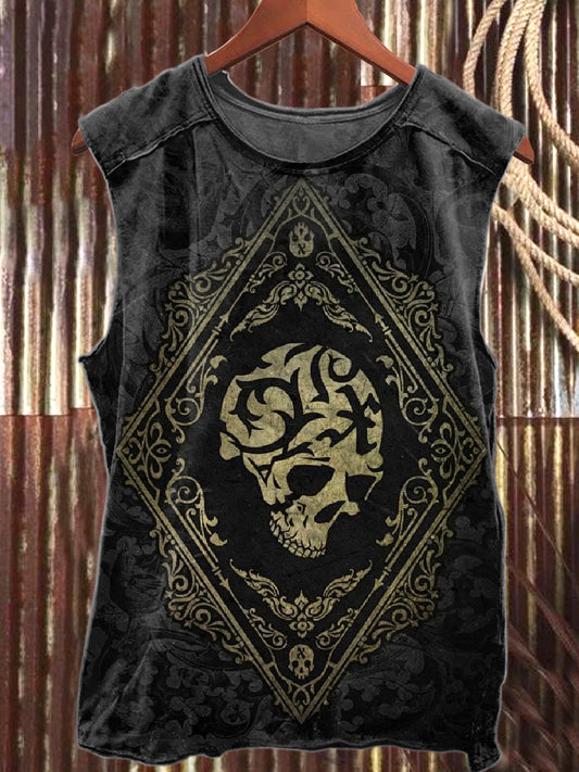 Retro Skull Poker Print Casual Cotton Tank Top