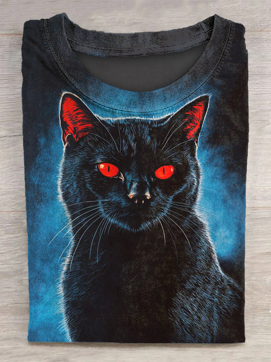 Unisex Dark Cat Printed Vintage Fashion Loose Short Sleeve T-Shirt