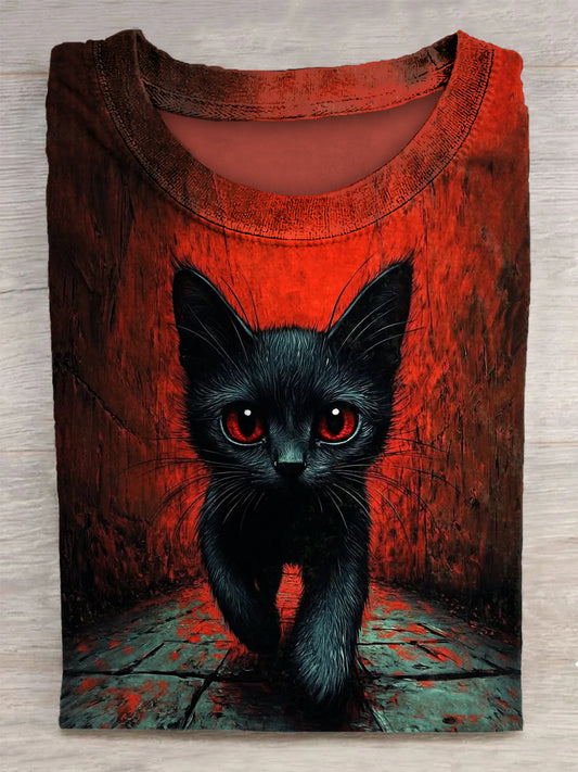 Unisex Dark Cat Printed Vintage Fashion Loose Short Sleeve T-Shirt