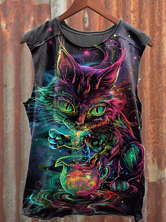 Retro Fantasy Mushroom Cat Print Casual Cotton Tank Top