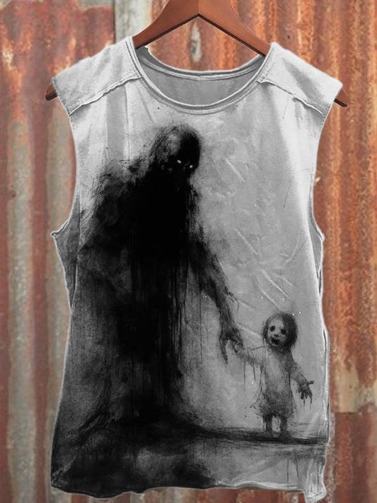 Retro Abstract Black and White Figure Print Casual Cotton Tank Top