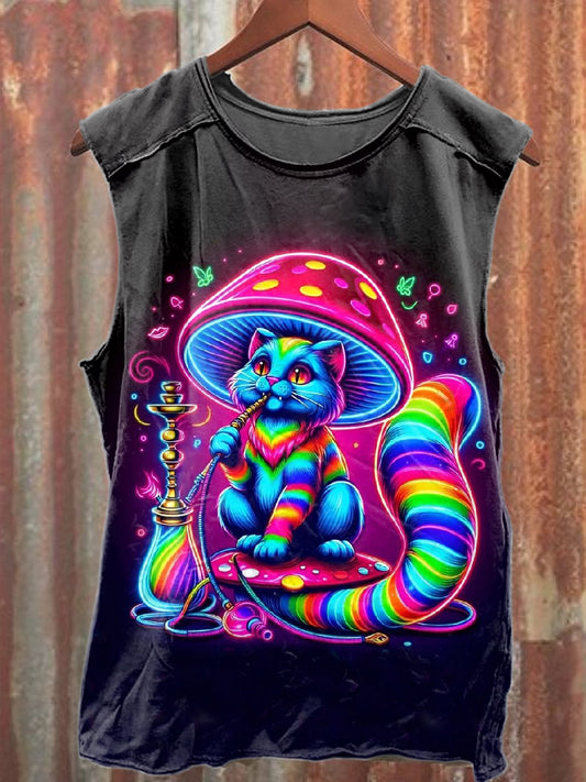 Retro Fantasy Mushroom Cat Print Casual Cotton Tank Top