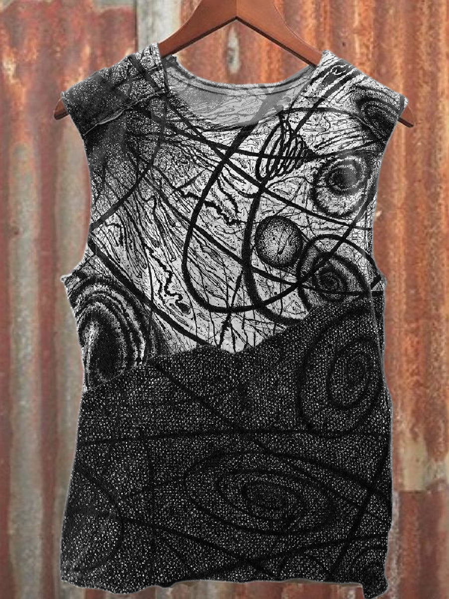 Retro Abstract Lines Print Casual Cotton Tank Top