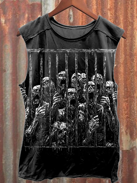 Retro Horror Underground Cage Print Casual Cotton Tank Top