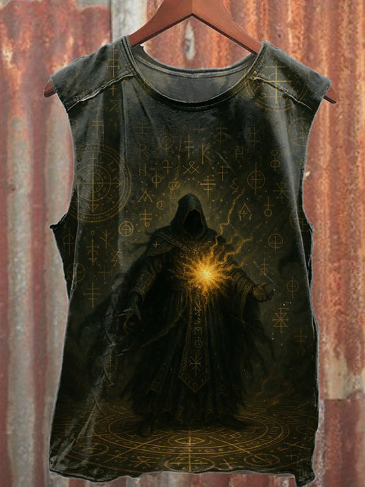 Vintage Wizard Print Casual Cotton Tank Top