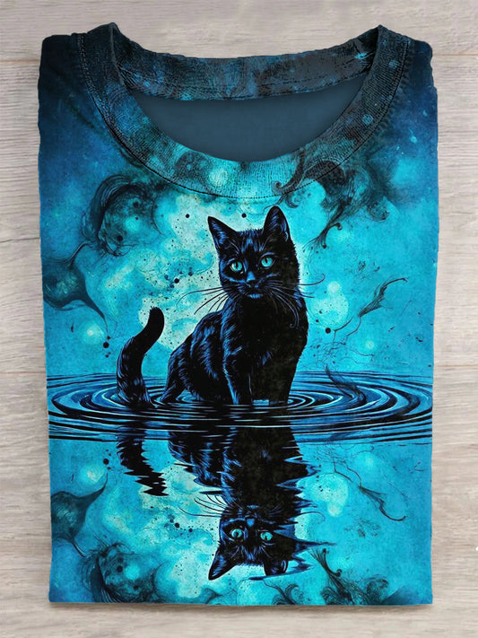 Unisex Dark Cat Printed Vintage Fashion Loose Short Sleeve T-Shirt