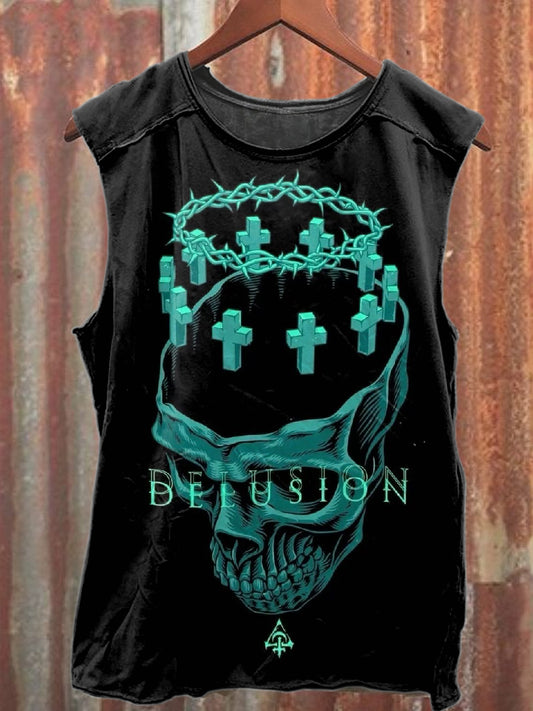 Vintage Skull Graffiti Illustration Printed Casual Cotton Tank Top