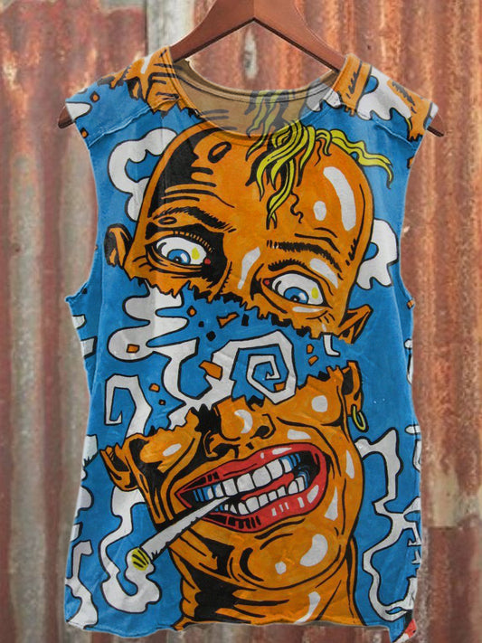 Retro Graffiti Print Casual Cotton Tank Top