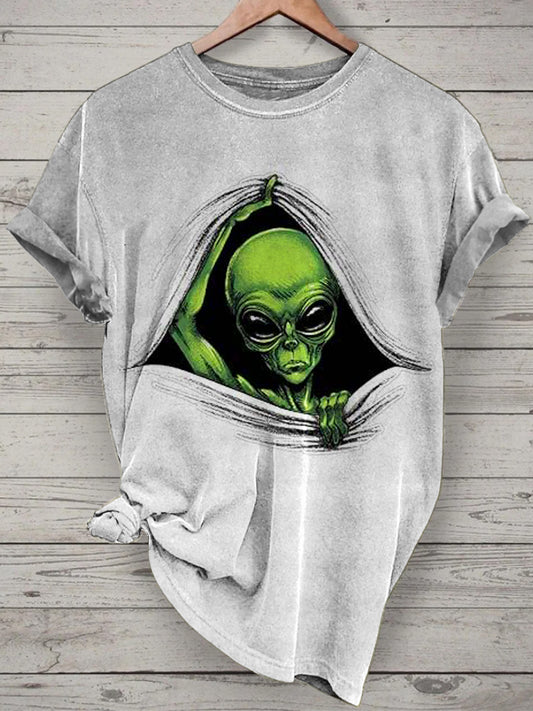 Unisex Funny Alien Printed Vintage Fashion Loose Short Sleeve T-Shirt