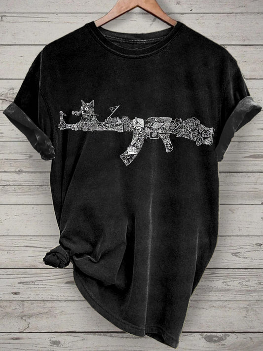 Unisex Gun Printed Vintage Fashion Loose Short Sleeve T-Shirt