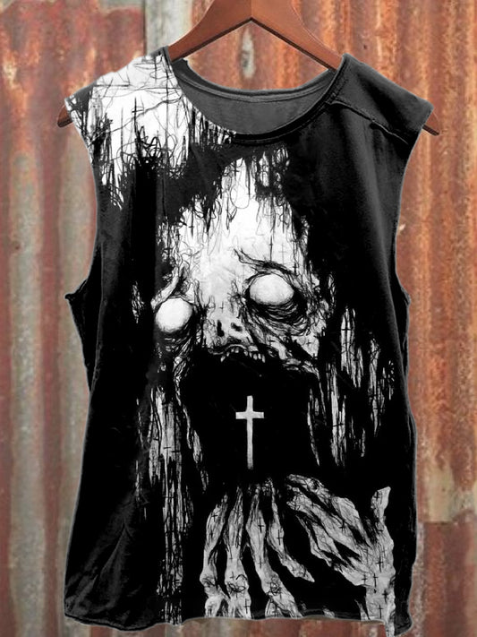 Retro Horror Cross Print Casual Cotton Tank Top