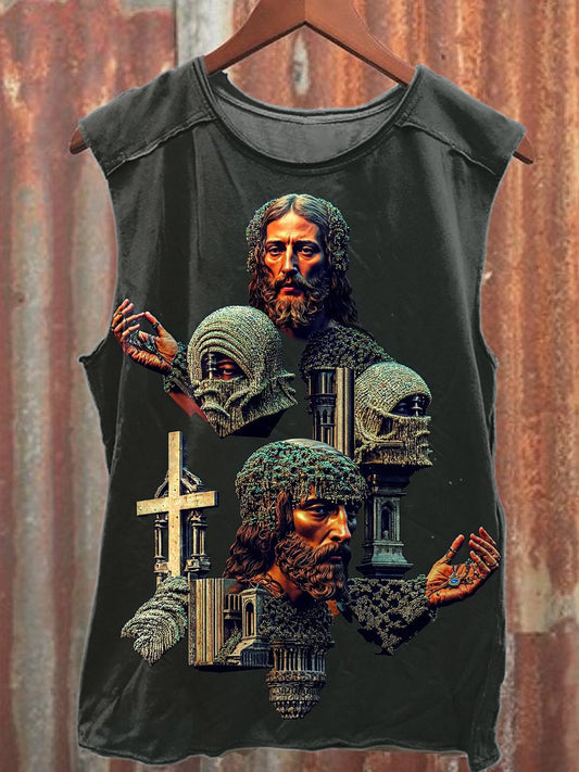 Vintage Jesus Print Casual Cotton Tank Top