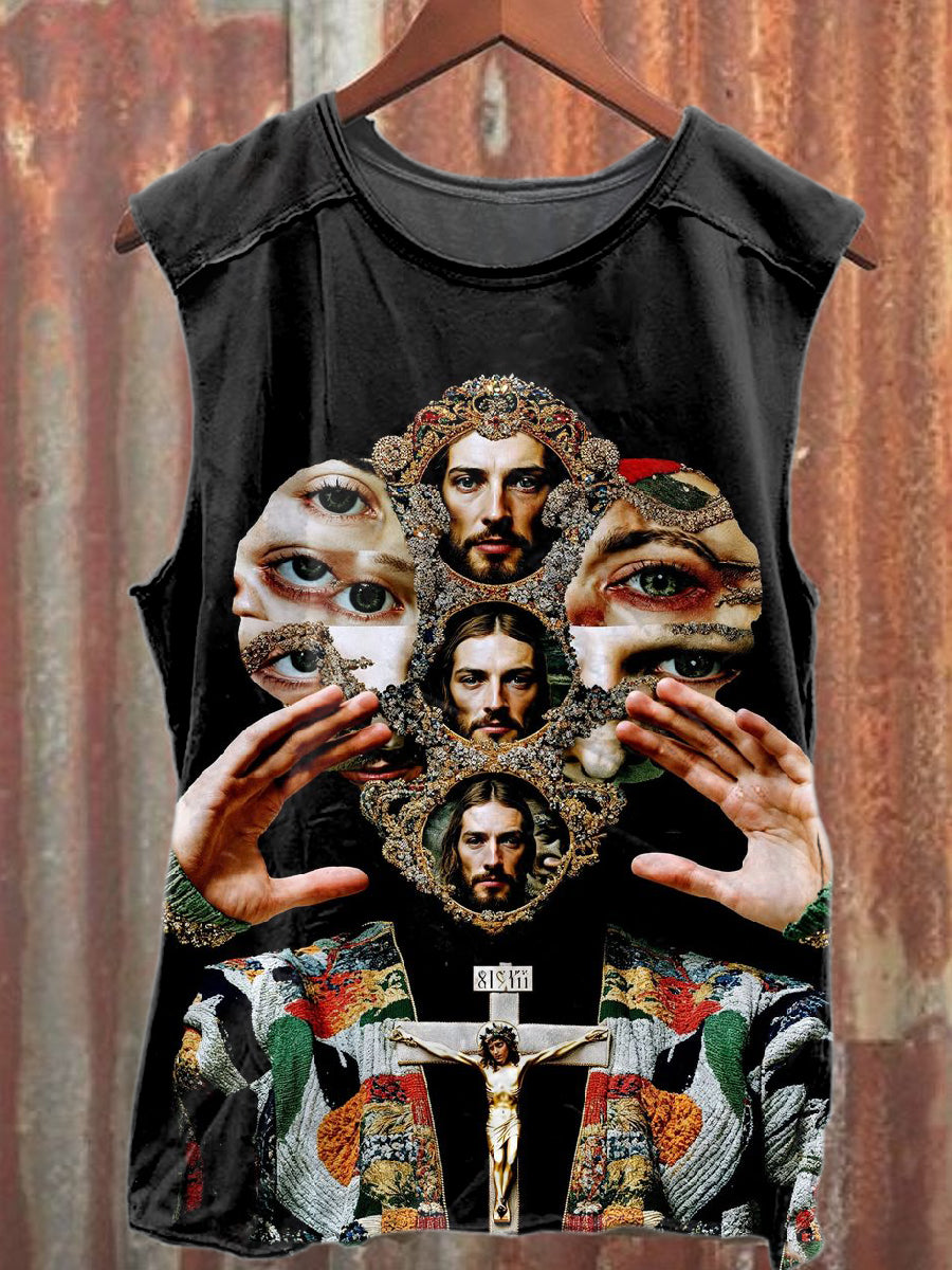 Vintage Weird Jesus Print Casual Cotton Tank Top