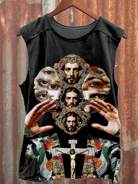 Vintage Weird Jesus Print Casual Cotton Tank Top
