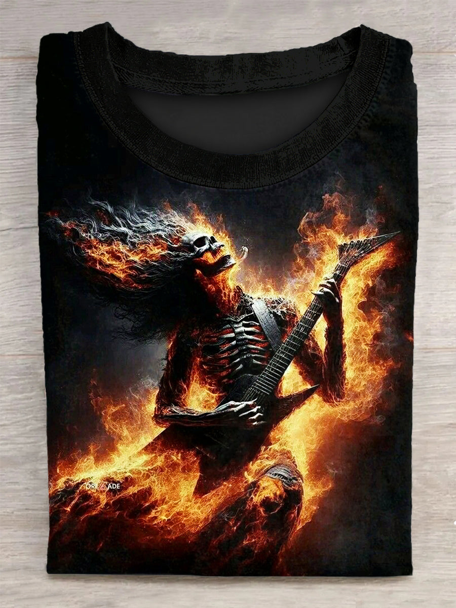 Flame Skeleton Printed Vintage Fashion Loose Short Sleeve T-Shirt
