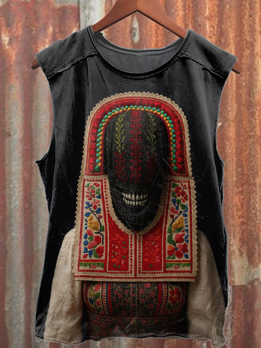 Retro Graffiti Weird Mask Print Casual Cotton Tank Top